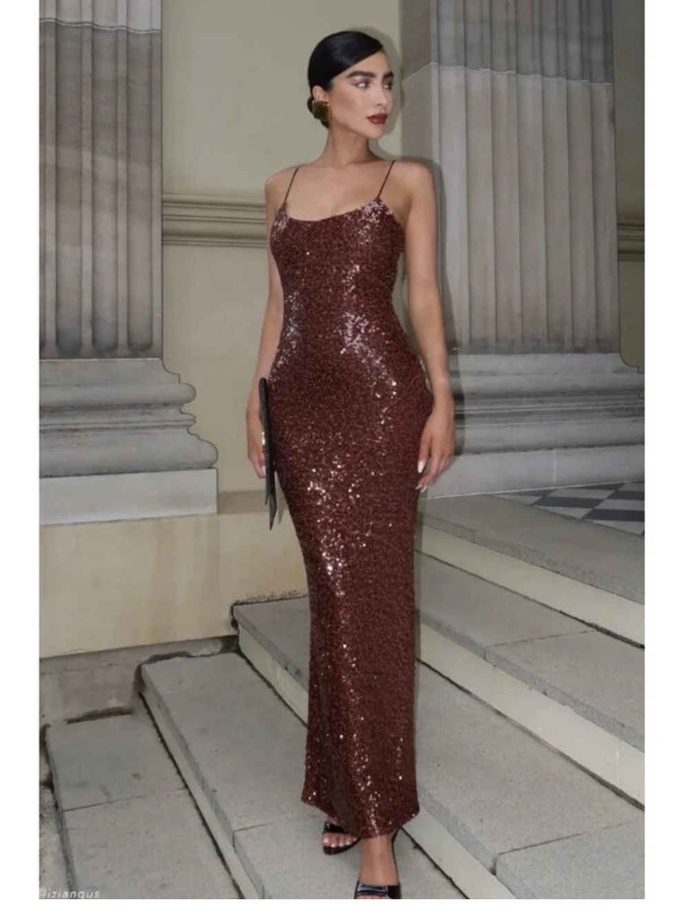 Sequin Slip Evening Dress in Deep Brown - Picture 4 of 5